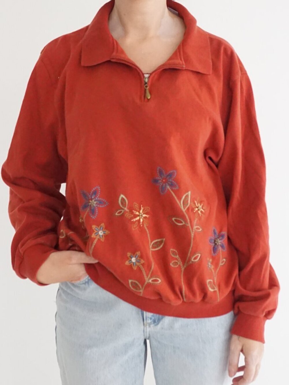 Alfred Dunner Red Floral Embroidered Quarter Zip Knit Cotton Blend Sweater L